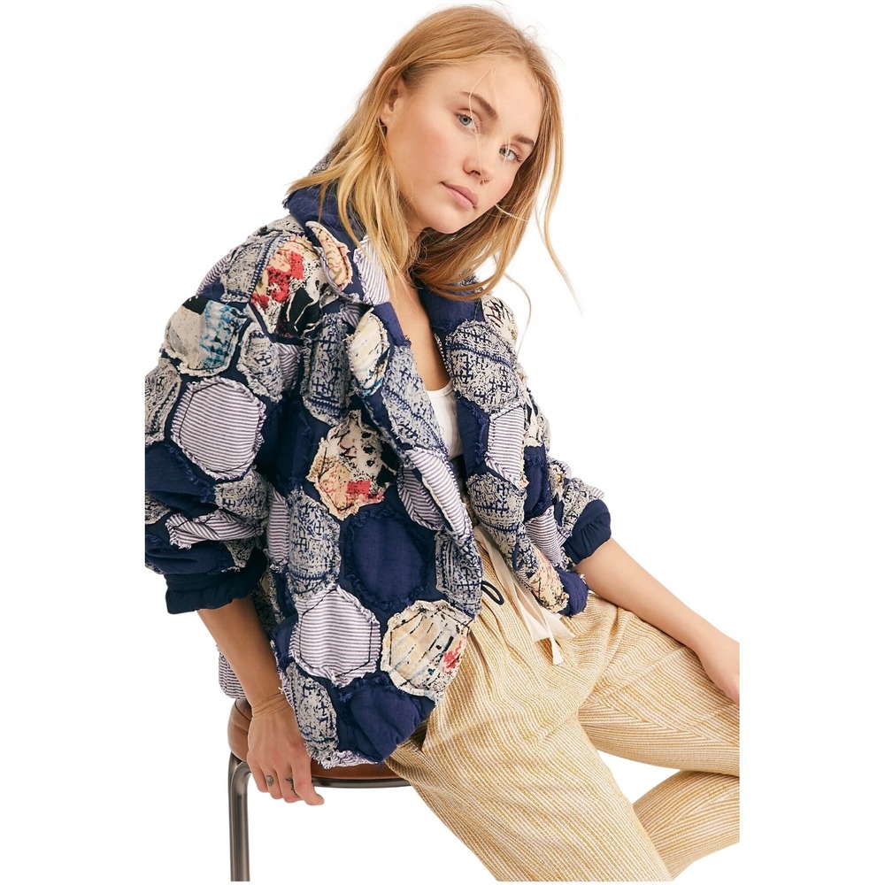 Free People Dolman Quilted Patchwork Jacket Blue Multi Boho Oversized Medium